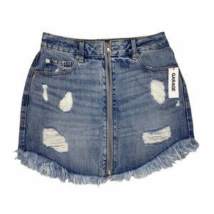 Garage Front Zip Distressed Denim Mini Skirt